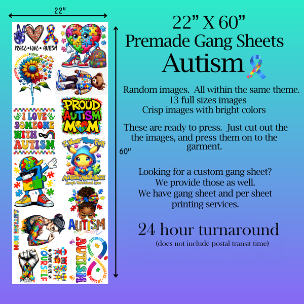 Pre-made Autism Awareness Gang Sheet