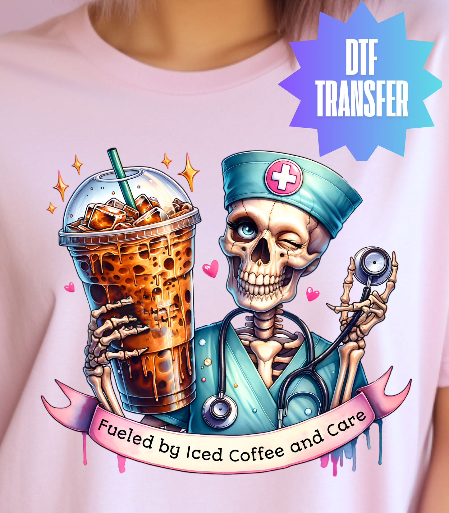 Fueled By Coffee and Care Blue DTF Transfer