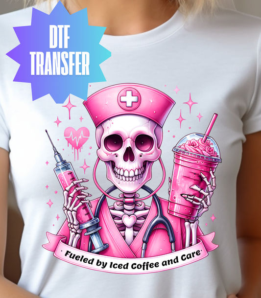 Fueled By Iced Coffee And Care Pink DTF Transfer